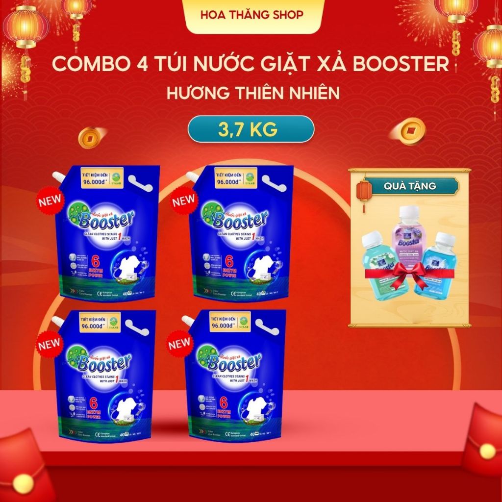 Combo 4 Túi Nước Giặt Xả Booster 2in1 3,7 kg Hương Thiên Nhiên Sạch Sâu Lưu Hương Cả Ngày