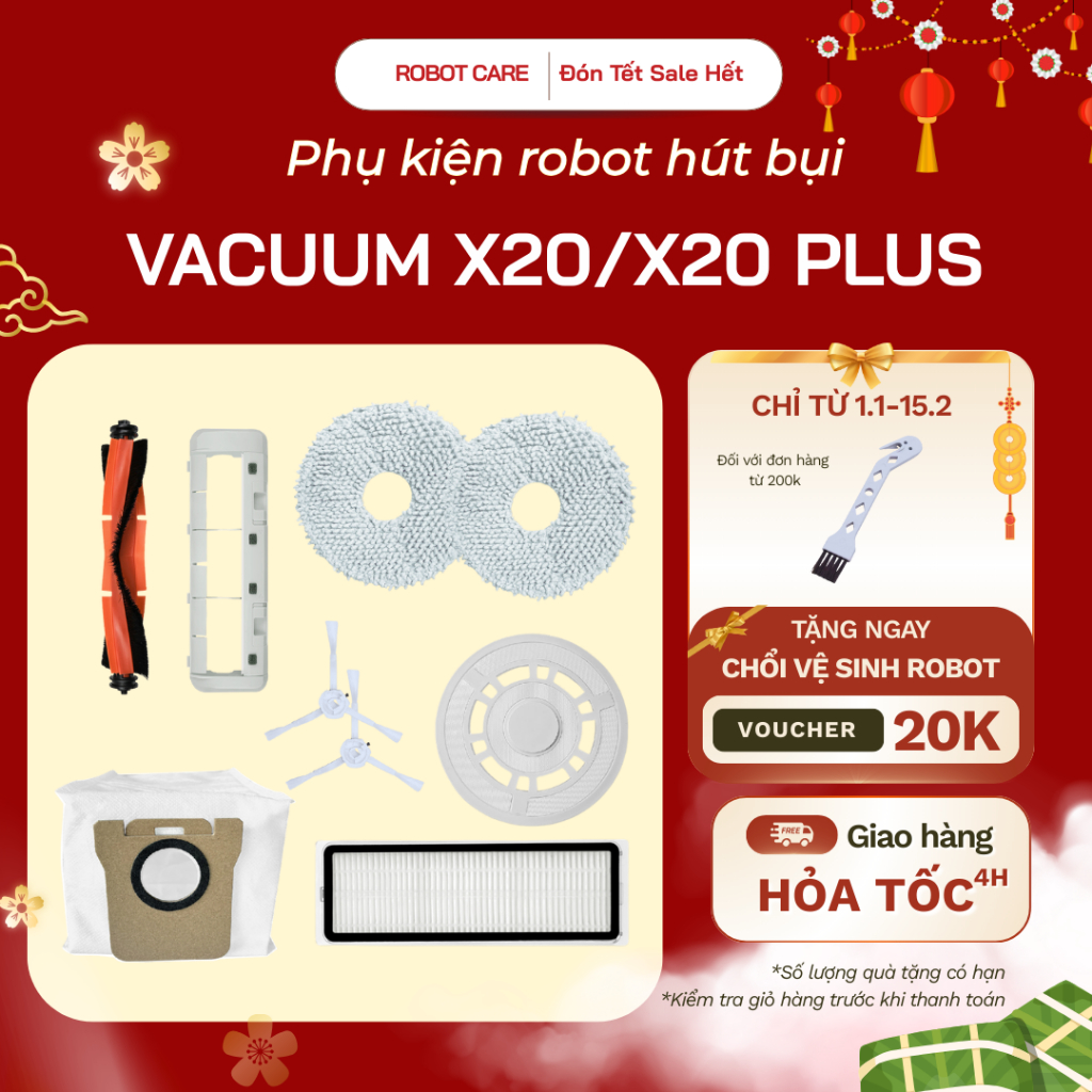 Phụ kiện robot Vacuum X20+ (X20 Plus) - Phụ kiện robot hút bụi lau nhà X20+ Đế khăn, Hộp bụi, Nắp Ch