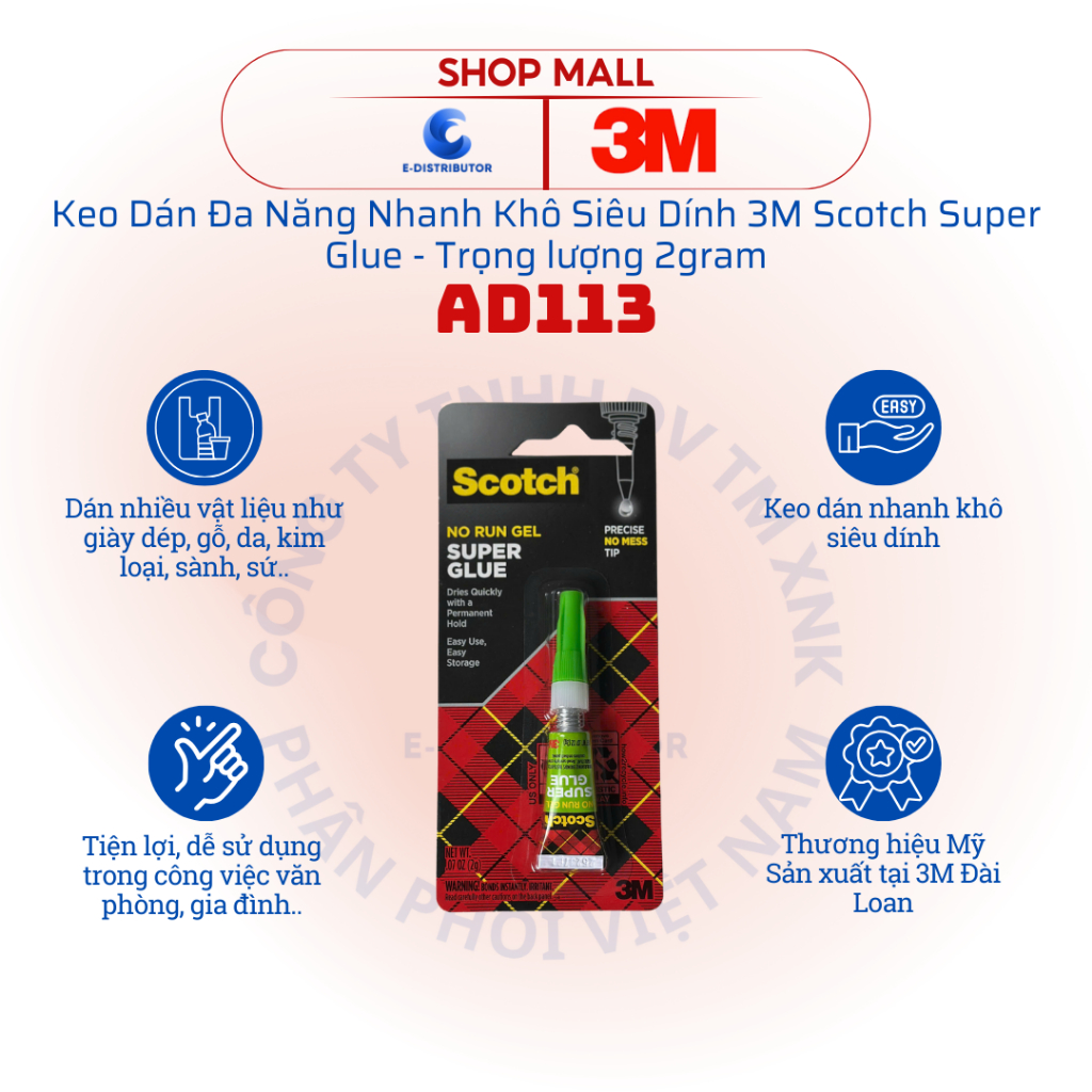 [HỎA TỐC] Keo dán đa năng siêu dính 3M Scotch Super AD113 - Trọng lượng 2gram - Chính hãng