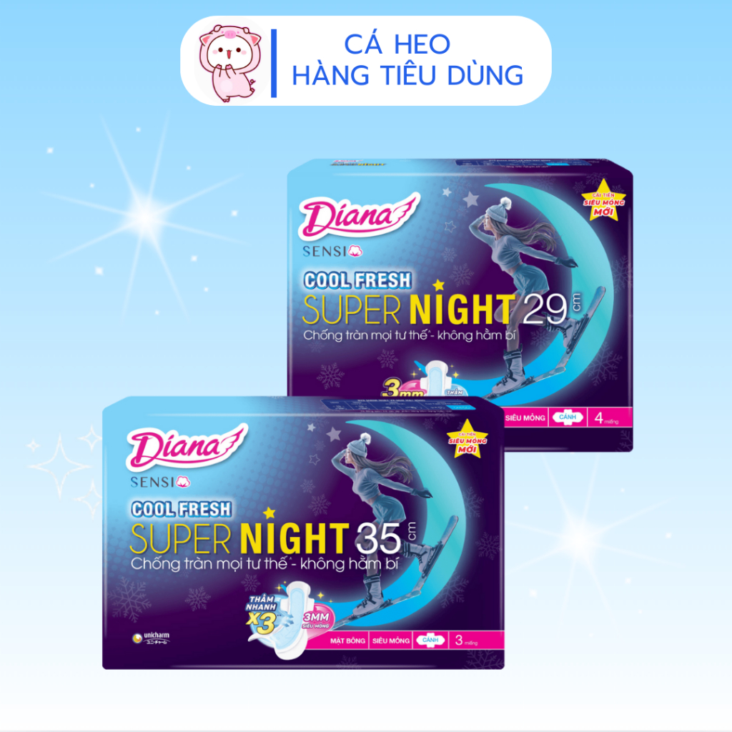 [LỐC 6] Băng vệ sinh DIANA ban đêm SENSI COOL FRESH Super Night 35cm 3 Miếng/Gói và 29cm 4 Miếng/Gói