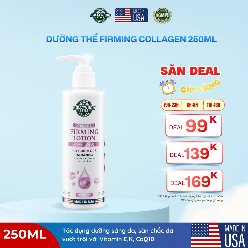 [DATE 12/2026]Lotion Collagen Trẻ Hóa, Cấp Ẩm, Căng Bóng  Dưỡng Trắng Da Body Hollywood Style 250ml