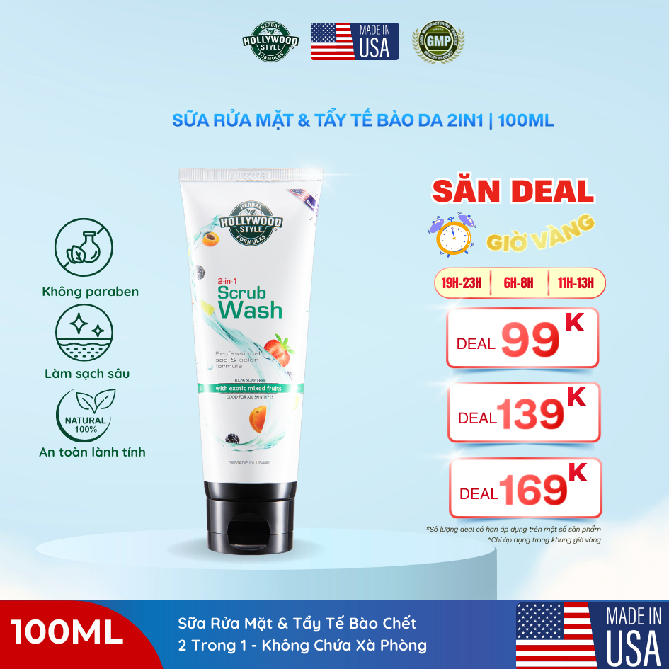 Sữa Rửa Mặt Kết Hợp Tẩy Tế Bào Chết 2 Trong 1 Hollywood Style 100ml