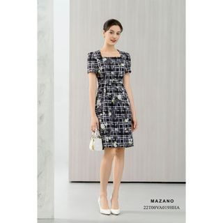 Đầm ôm đen kẻ ô vuông hoa trắng nữ Mazano