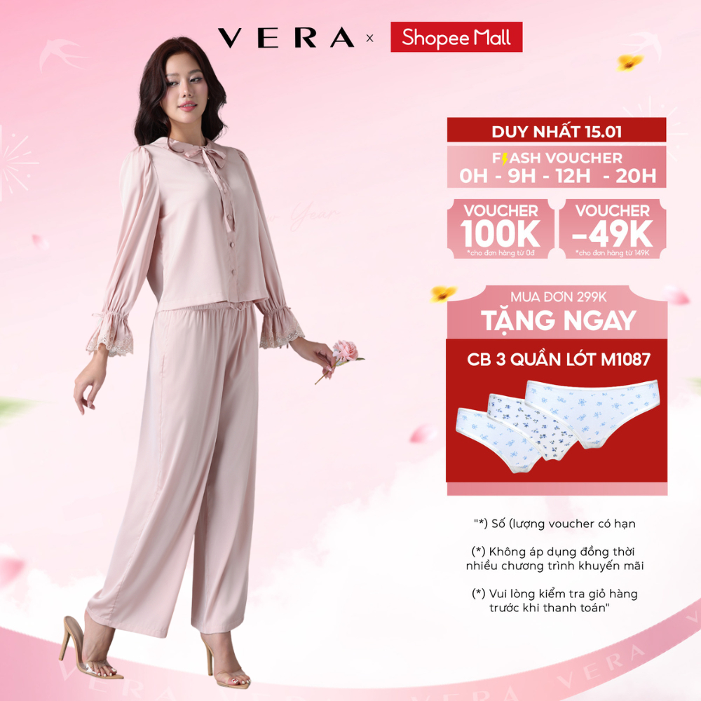 [NEW ARRIVAL] Bộ pijama dài Vera by Chipu satin trơn phối ren - C0052