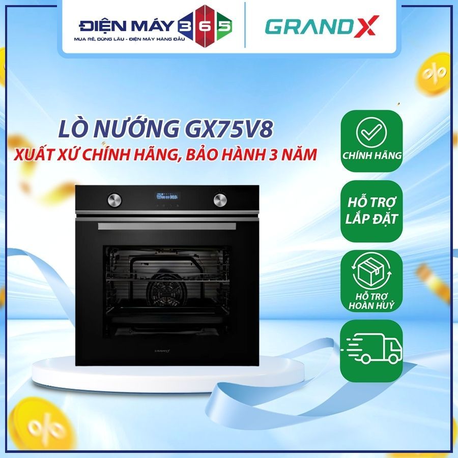 Lò Nướng Âm Tủ GrandX GX75V8 – Dung Tích 75L, Công Suất 3000W – Khoang Lò Tráng Men