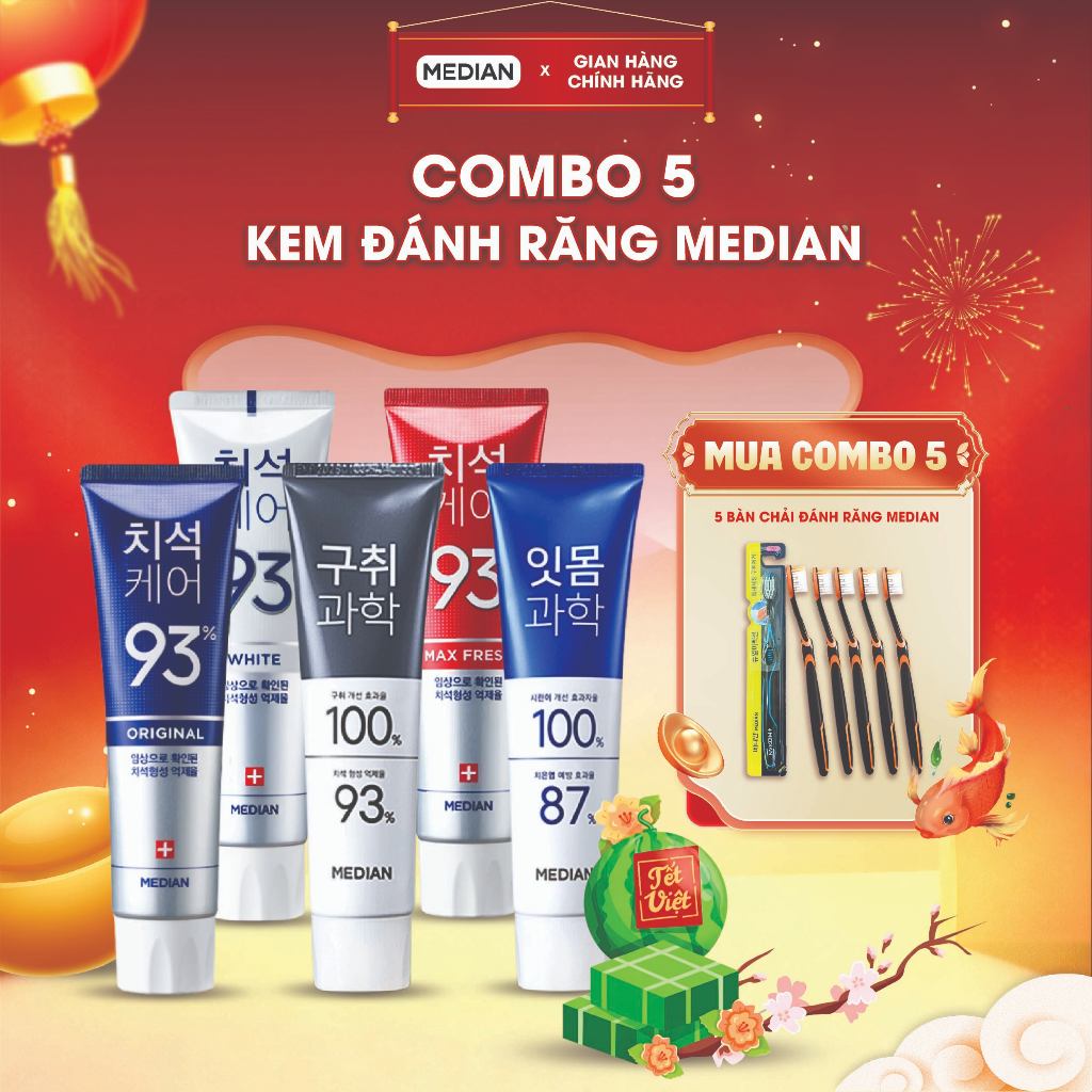 Combo 5 tuýp Kem Đánh Răng MEDIAN 93% Giúp Răng Chắc Khỏe , Trắng Sáng, Loại Bỏ Mảng Bám 120g