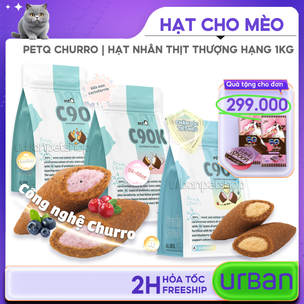 Hạt Cho Mèo PetQ Churro C90, C90K – Nhân Thịt Thượng Hạng, Sữa Non, 40% Protein