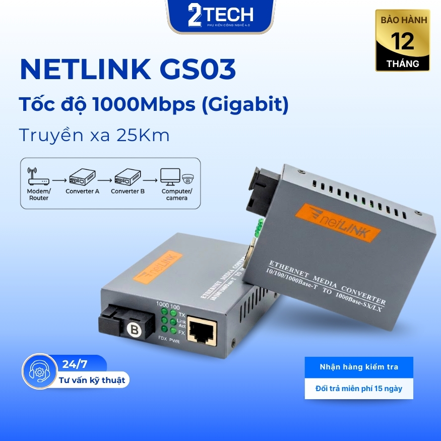 [LẺ GIÁ SỈ] Bộ chuyển đổi quang điện, Converter quang NetLink GS03 A/B 1 sợi quang 1000Mbps-25KM