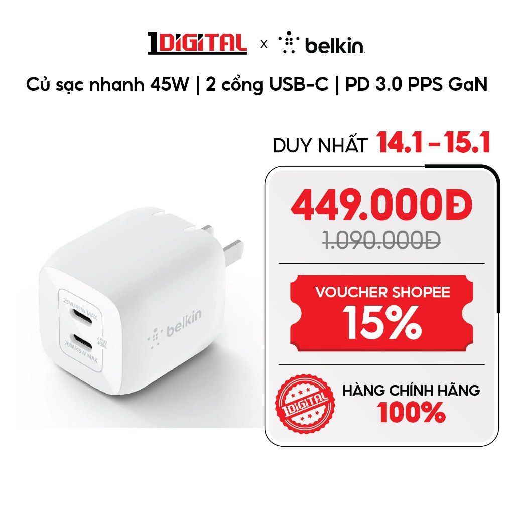 (Belkin) Củ sạc nhanh 45W | 2 cổng USB-C | PD 3.0 PPS GaN