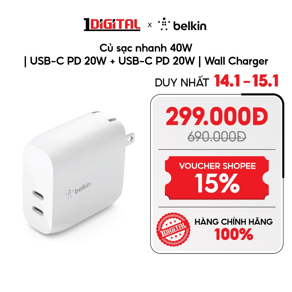 (Belkin) Củ sạc nhanh 40W | USB-C PD 20W + USB-C PD 20W | Wall Charger