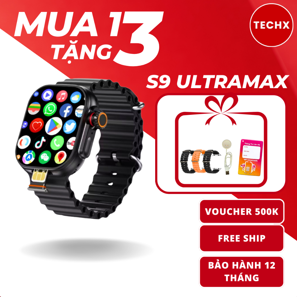 Đồng Hồ Thông Minh [MUA 1 TẶNG 3] TECHX S9 ULTRAMAX, Lắp Sim Nghe Gọi, MXH, Camera 180 độ, Màn SUPER