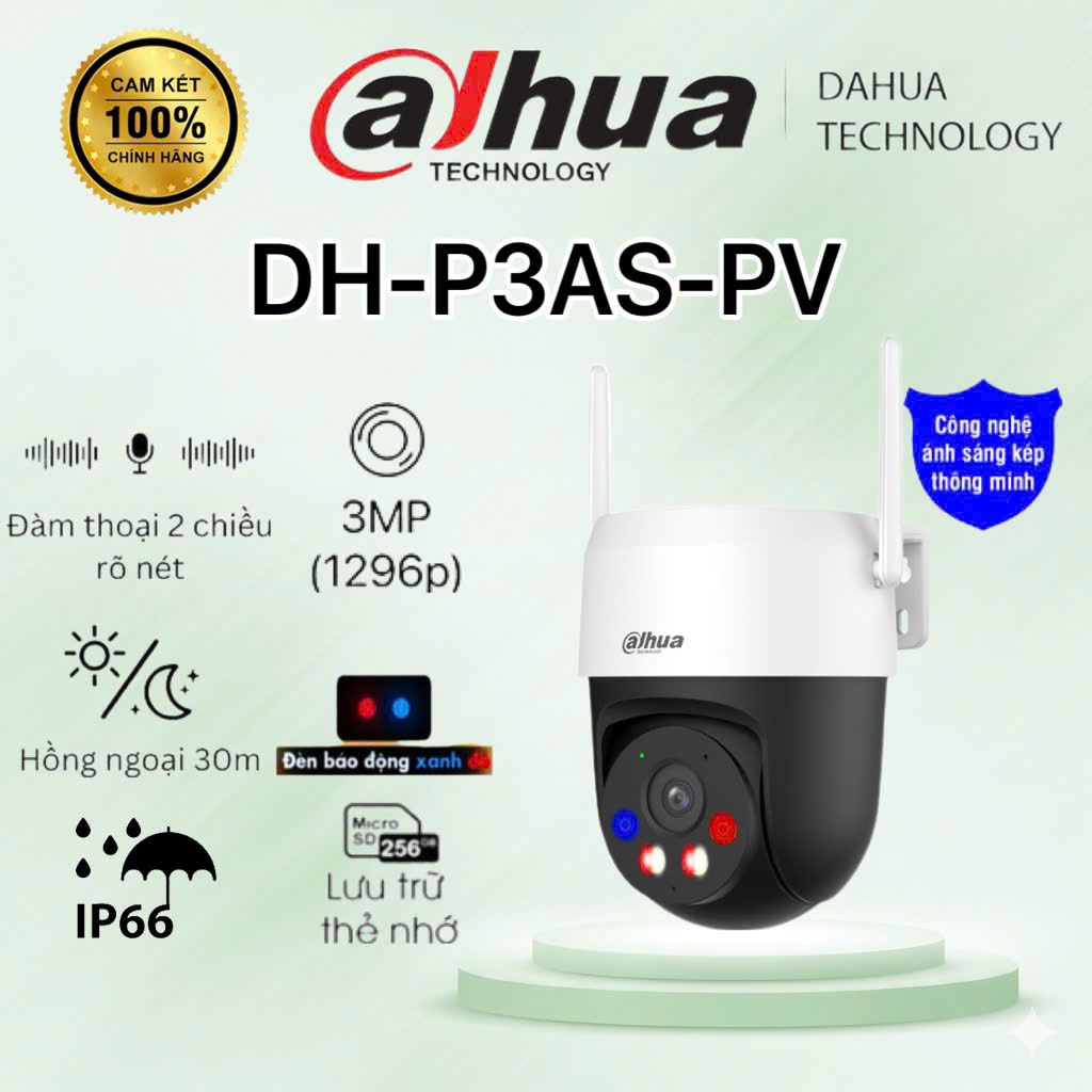 Camera Wifi quay quét 3MP DAHUA DH-P3AS-PV - ĐÀM THOẠI 2 CHIỀU, ĐÈN LED 30M, CÒI HÚ + BÁO ĐỘNG XANH 