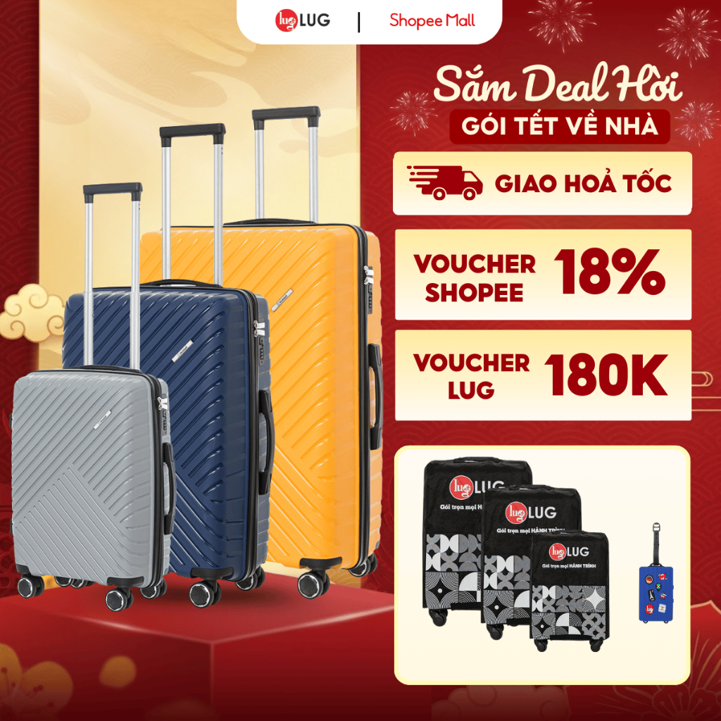 Combo 3 Vali Kéo LUG Holdall MP807 Size 20/Size 24/Size 28: Nhựa PP chống bể vỡ, Khoá Số Âm Bảo Mật 