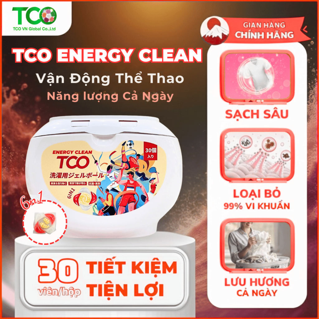 Viên Giặt Xả TCO Sport Energy Clean 6in1 | Giặt Sạch Sâu Khử Mùi Mồ Hôi | Hộp 30 Viên