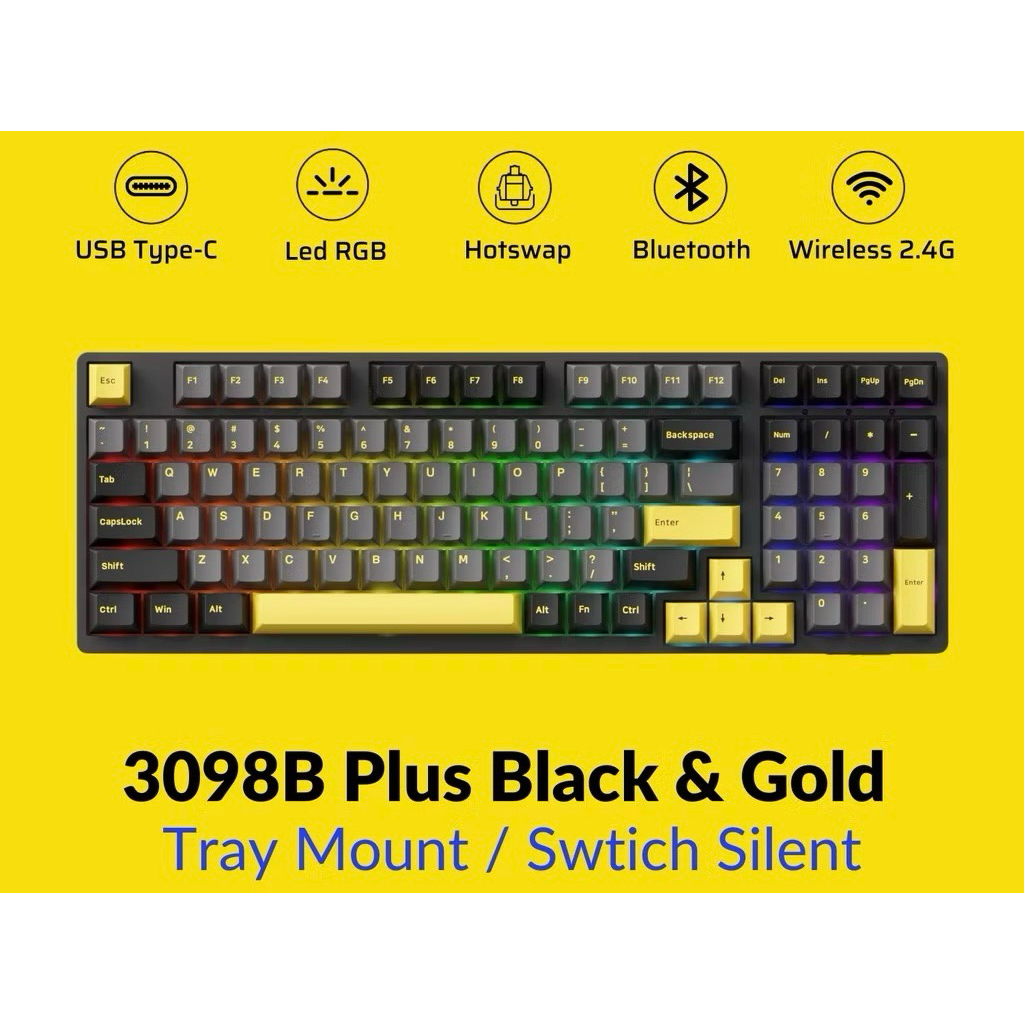 Bàn Phím cơ AKKO 3098B Plus Black & Gold (Multi-modes / Led RGB / Switch Silent) - Hàng Chính Hãng (