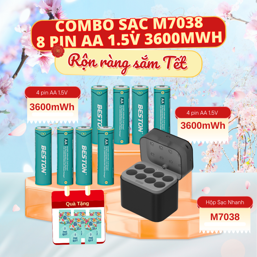 Bộ Sạc Beston M7038 sạc được cho cả pin 1.2V và 1.5V, cổng sạc type C tiện lợi, có đèn báo sạc