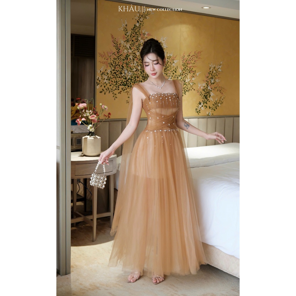 Váy Nữ Đi Tiệc Khâu Design, Đầm Voan Nude Chéo Eo Đính Đá Dáng Xoè Dài Công Chúa - K835