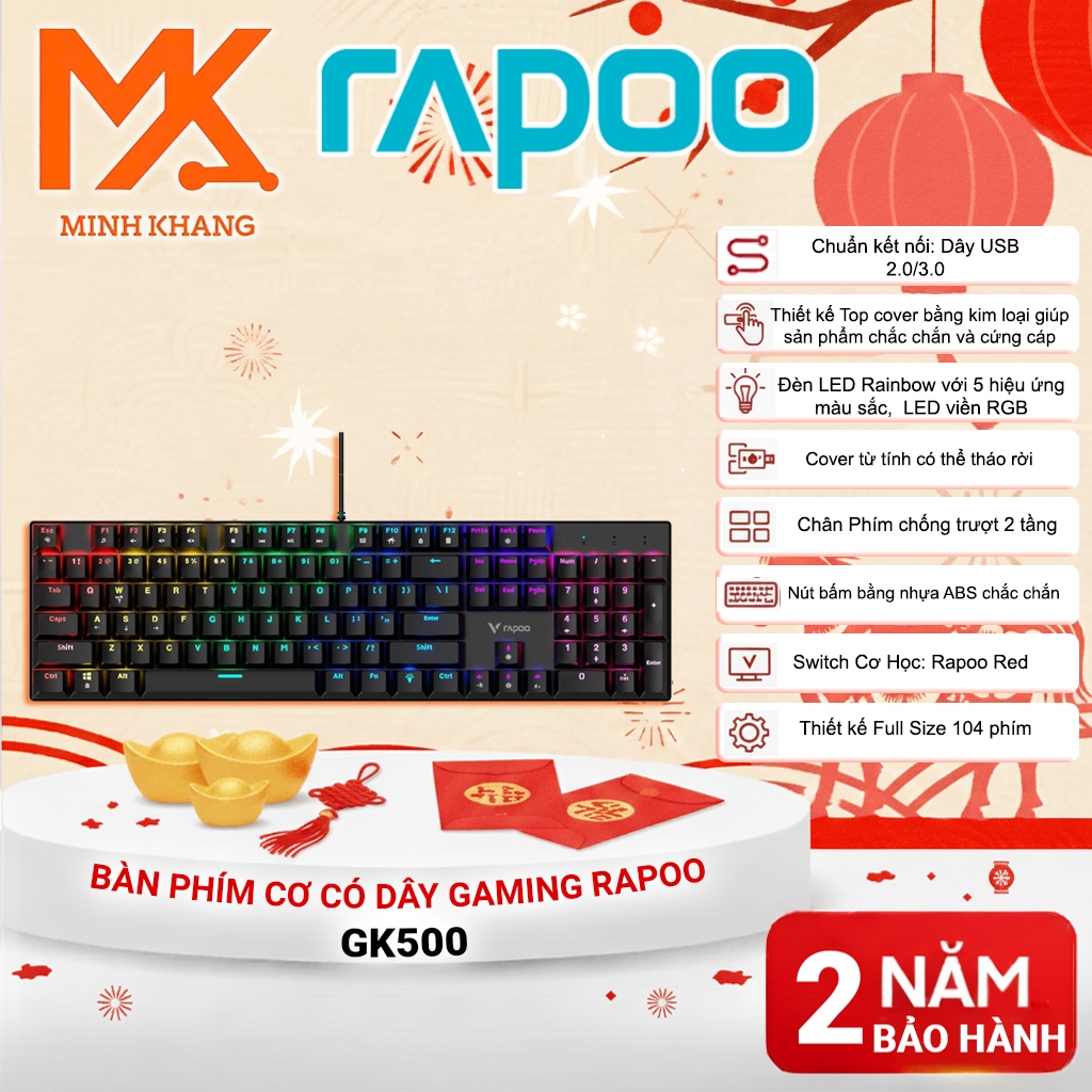 [Rapoo GK500 Chính Hãng] Bàn Phím Cơ Chơi Game RGB – Fullsize 104 Phím, Switch Cơ Học, LED Nhiều Hiệ