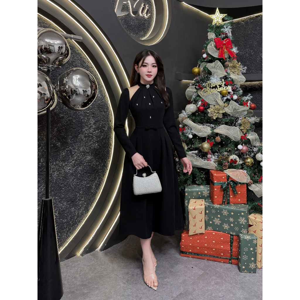 VK116 - Váy Thiết Kế Evii dành cho nữ, Đầm thiết kế cổ yếm phối lưới (tặng kèm tag cài) dáng A xòe d