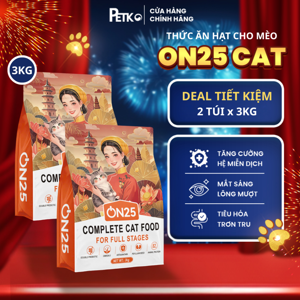 [Deal Tiết Kiệm - 2 túi 3kg] Hạt Cho Mèo ON25 CAT - Giúp Sáng Mắt, Lông Mượt, Phân Khô