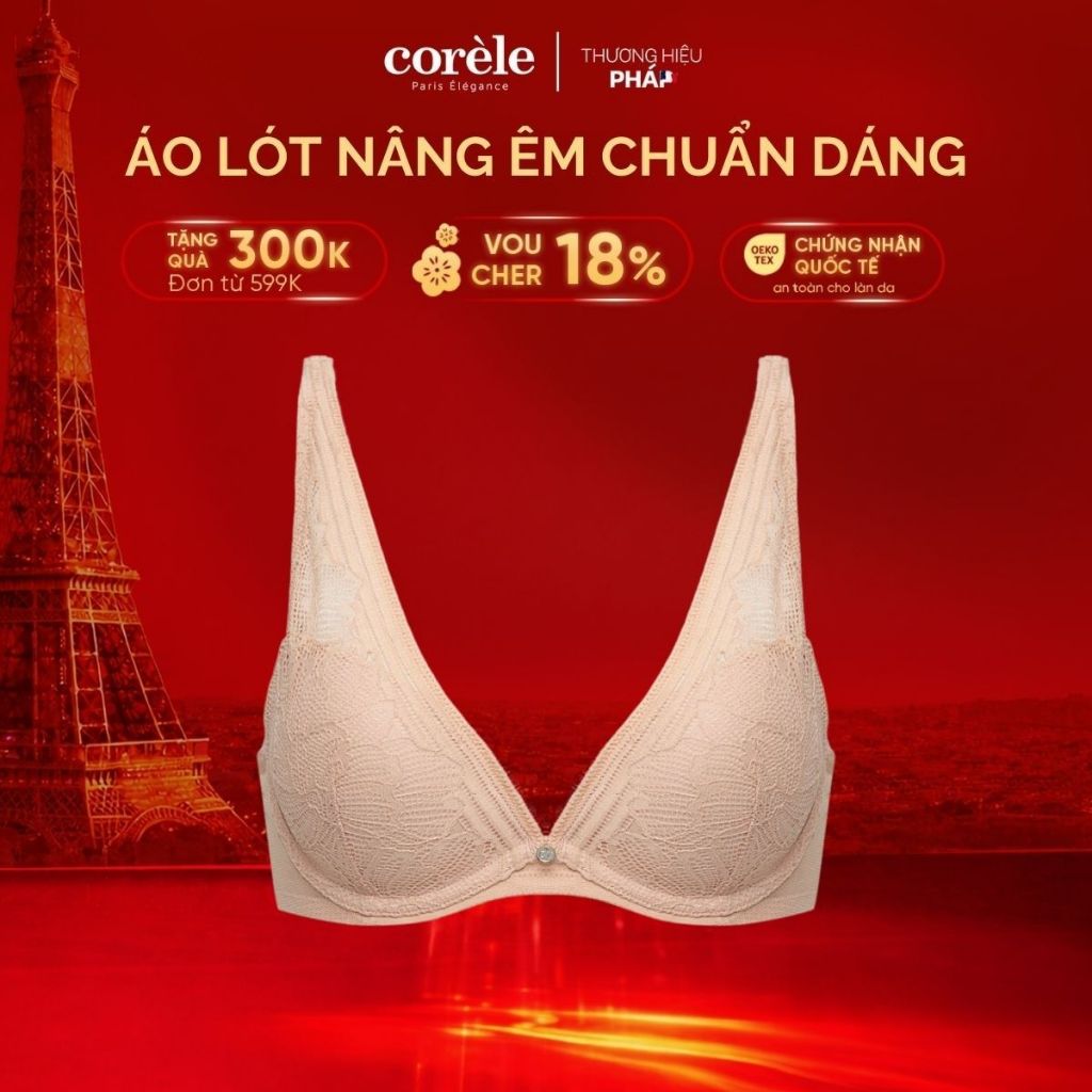 Áo ngực nữ nâng vừa 2cm có gọng, Cup chữ V phối ren hoa mẫu đơn, chuẩn an toàn OEKO-TEX | CORÈLE 711