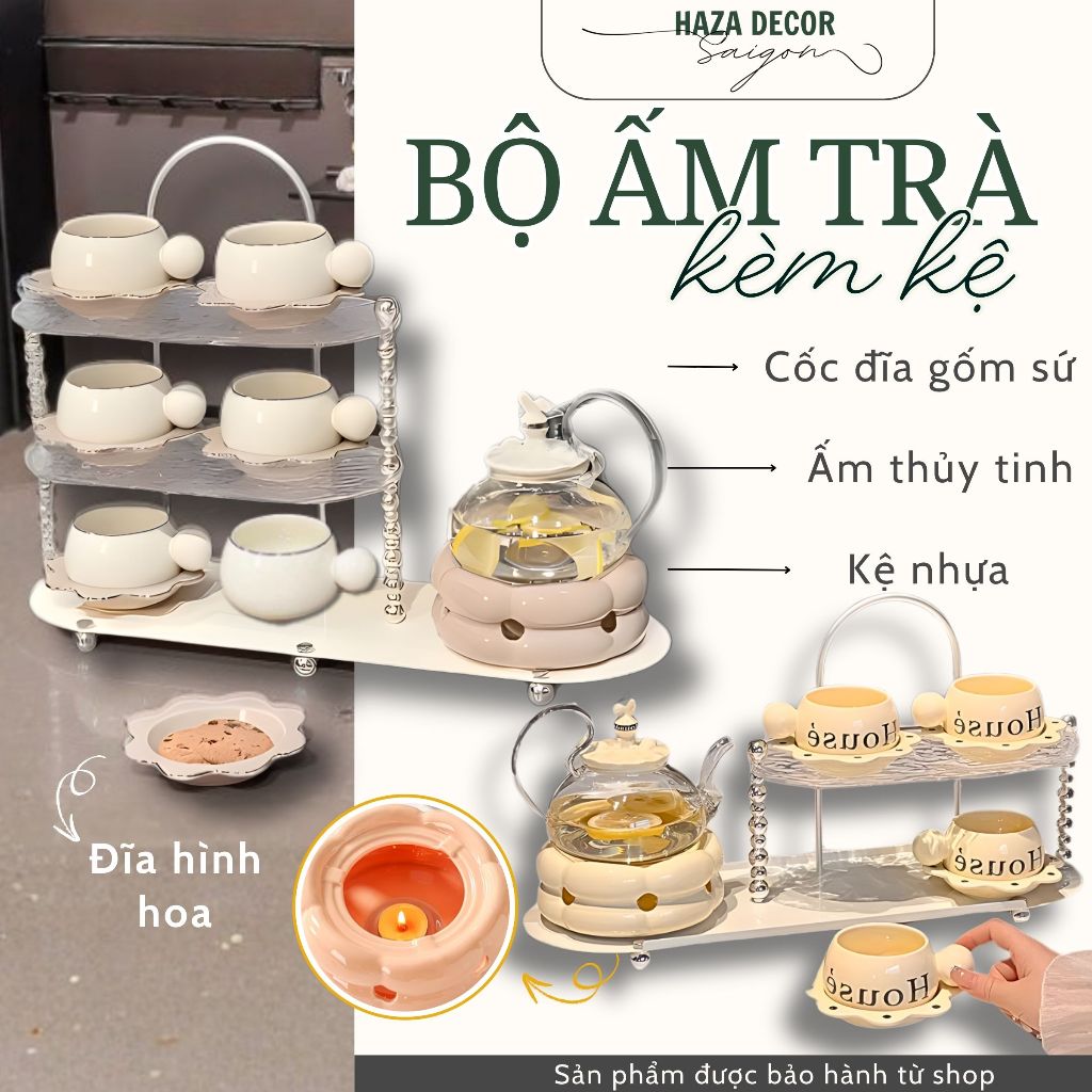 (SẴN + KÈM HỘP) Bộ ấm chén pha trà gốm sứ, Bình pha trà kèm kệ đựng cốc 3 tầng decor phòng khách AT1