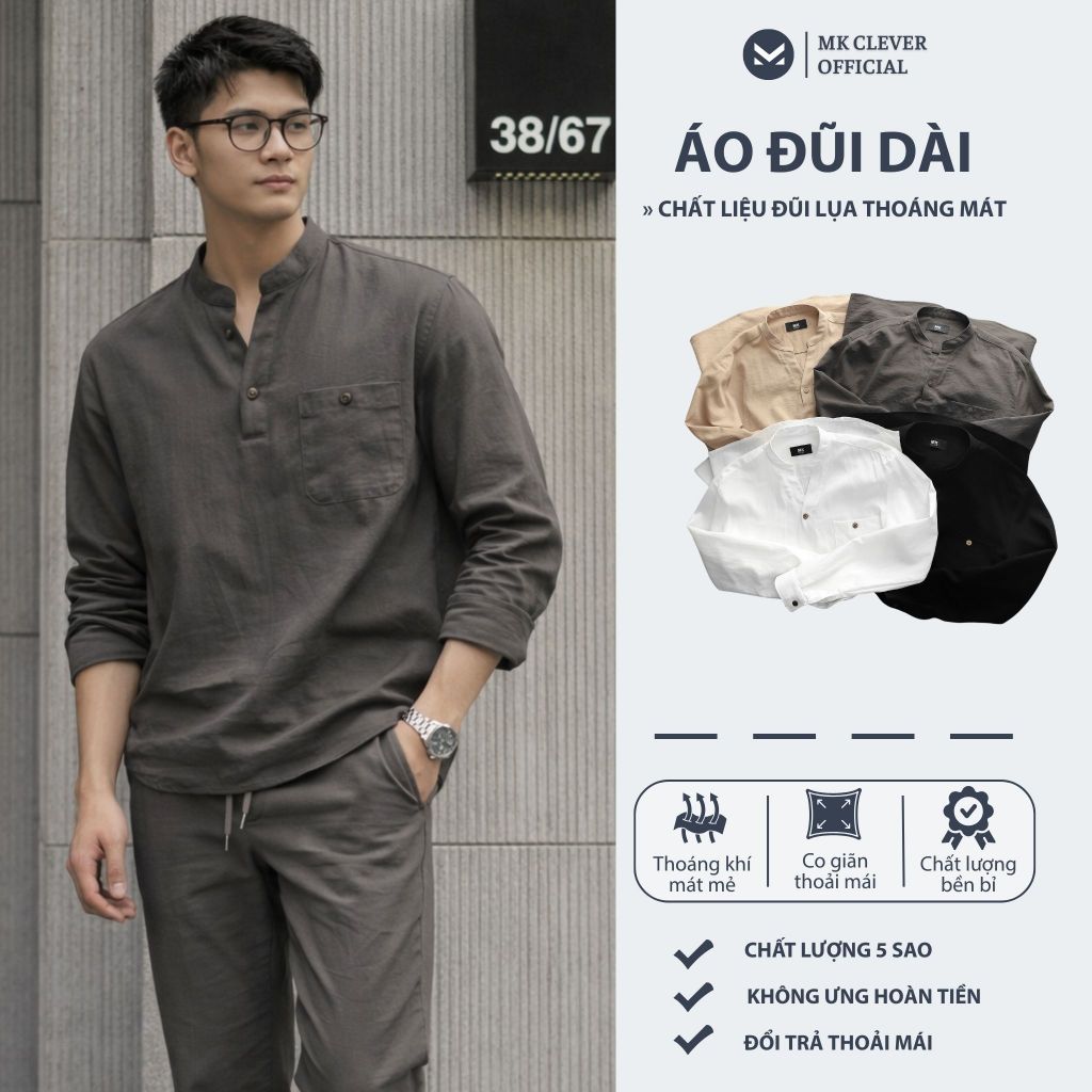 Áo Đũi Lụa Nam Dài Tay MK CLEVER Chất liệu đũi lụa mềm mịn, thoáng mát