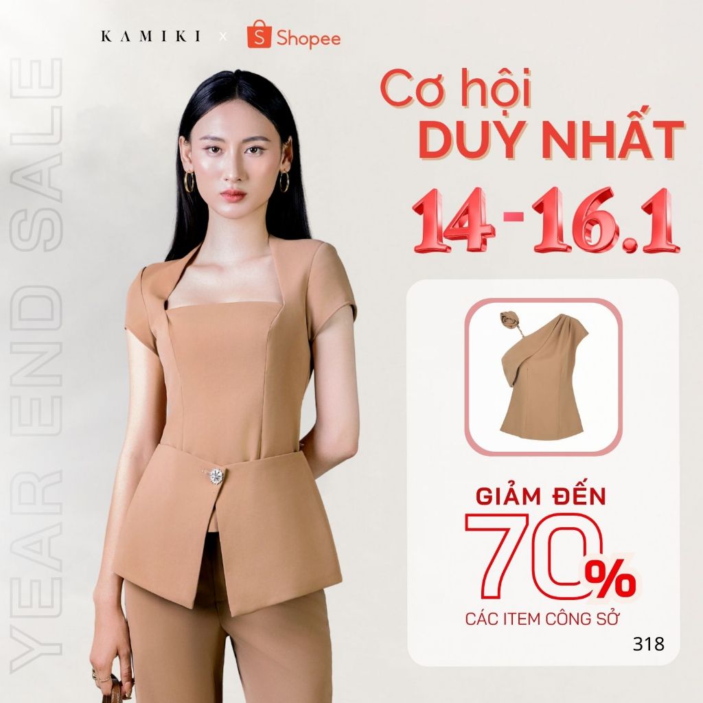 KAMIKI Áo cổ U Sang Trọng Đính Đá Xẻ Tà Giữa Văn Phòng Thanh Lịch Cổ Điển KA15