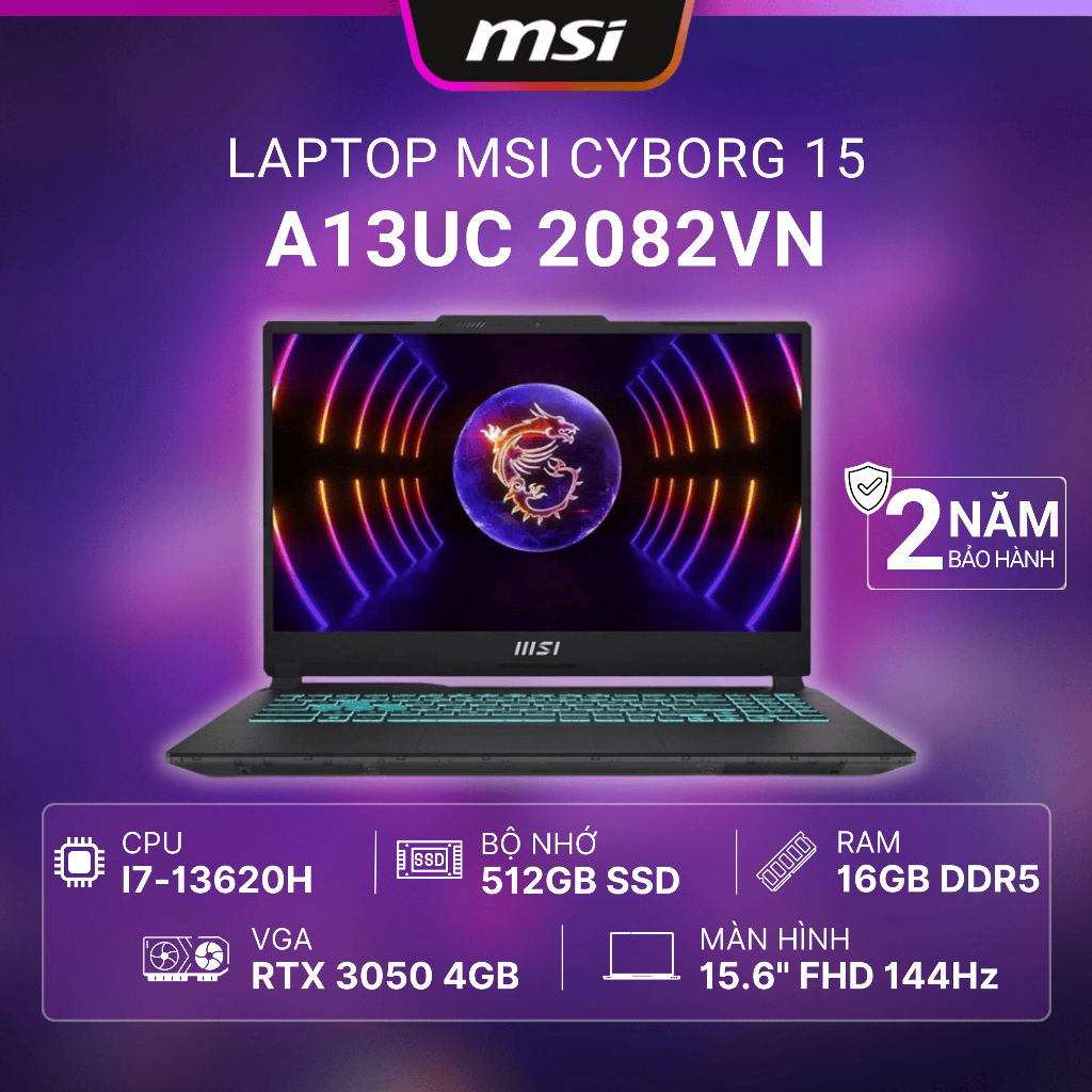 Laptop MSI Cyborg 15 A13UC-2082VN (Intel Core i7-13620H | RTX 3050 | 15.6" FHD | 16GB | 512GB | Đen)