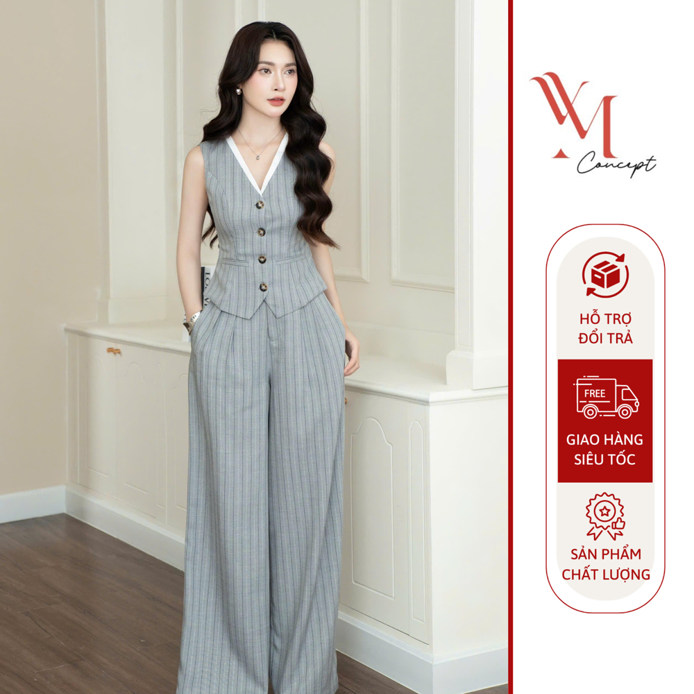 YM Concept Set Gile Cộc Tay Viền Cổ Kẻ Sọc Phối Quần Suông Ống Rộng Trẻ Trung Thanh Lịch D1053