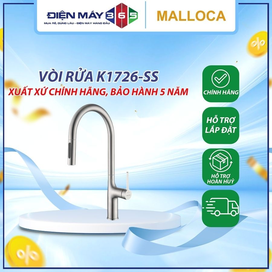 Vòi Rửa Chén Malloca K1726-SS – Đầu Vòi Dây Rút – Hai Chế Độ Xả Nước Linh Hoạt – DNH