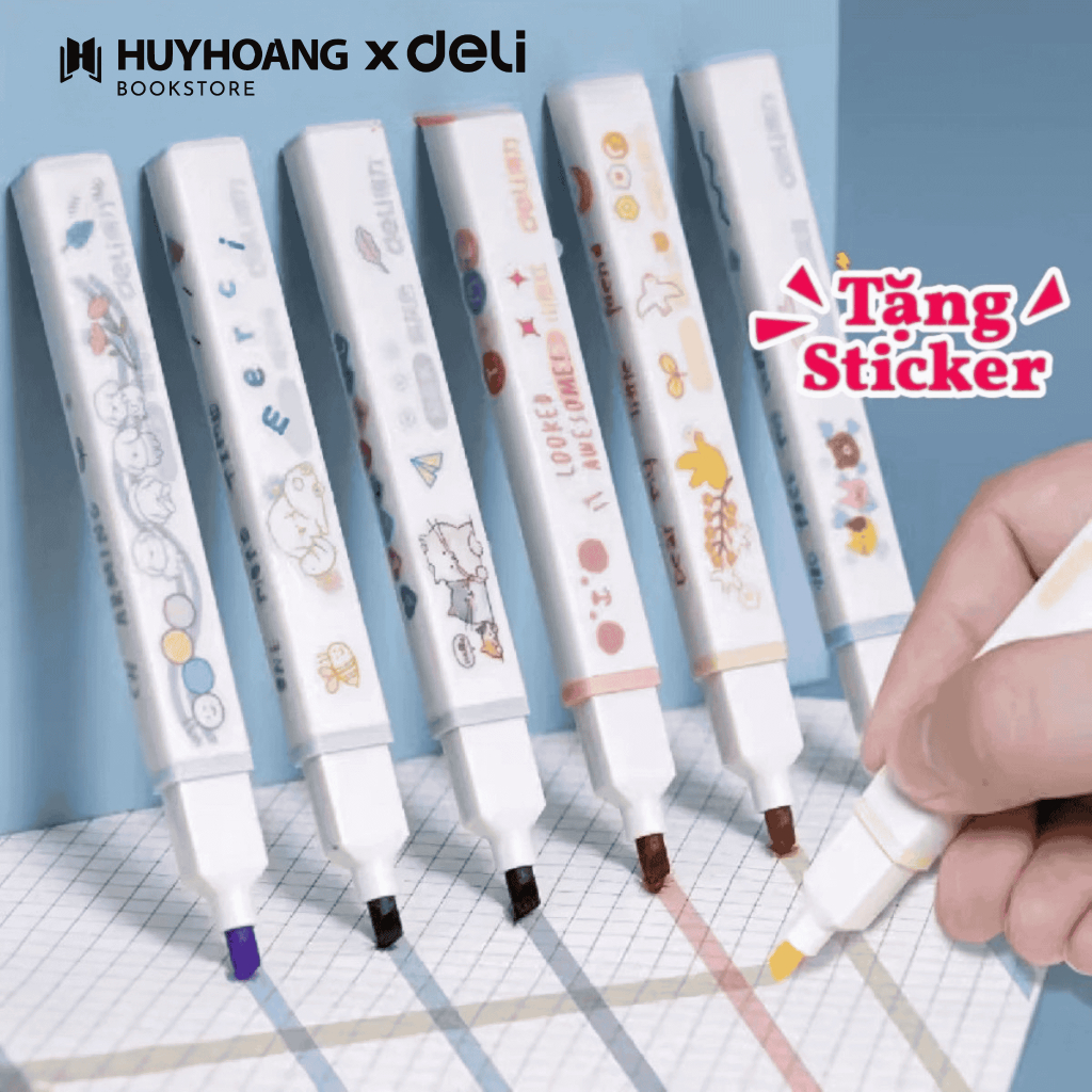Bộ 6 bút highlight dạ quang đánh dấu nhớ, tặng sticker cute marker Deli, VPP