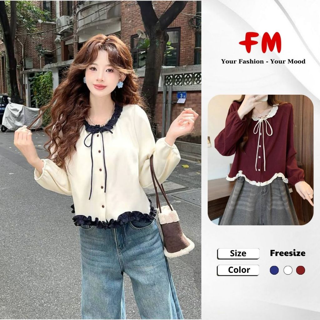 Áo Kiểu Tay Dài Nữ FMSTYLE SHOP - Viền Bèo Màu Cổ, Lai 5 Nút Tiểu Thư Dễ Thương 26010236