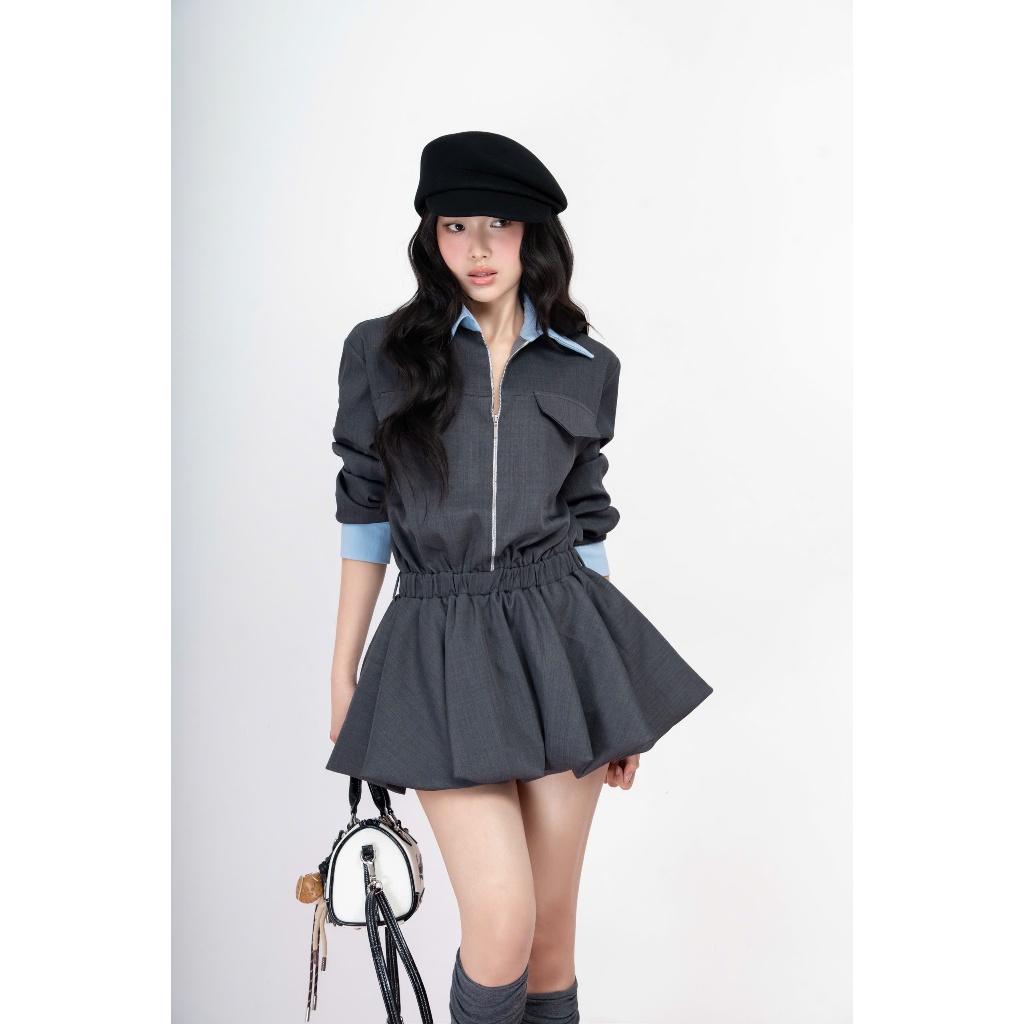 Đầm sơ mi tùng bí lưng thun phối cổ xanh kèm quần bảo hộ Julia Dress - HOO DESIGN