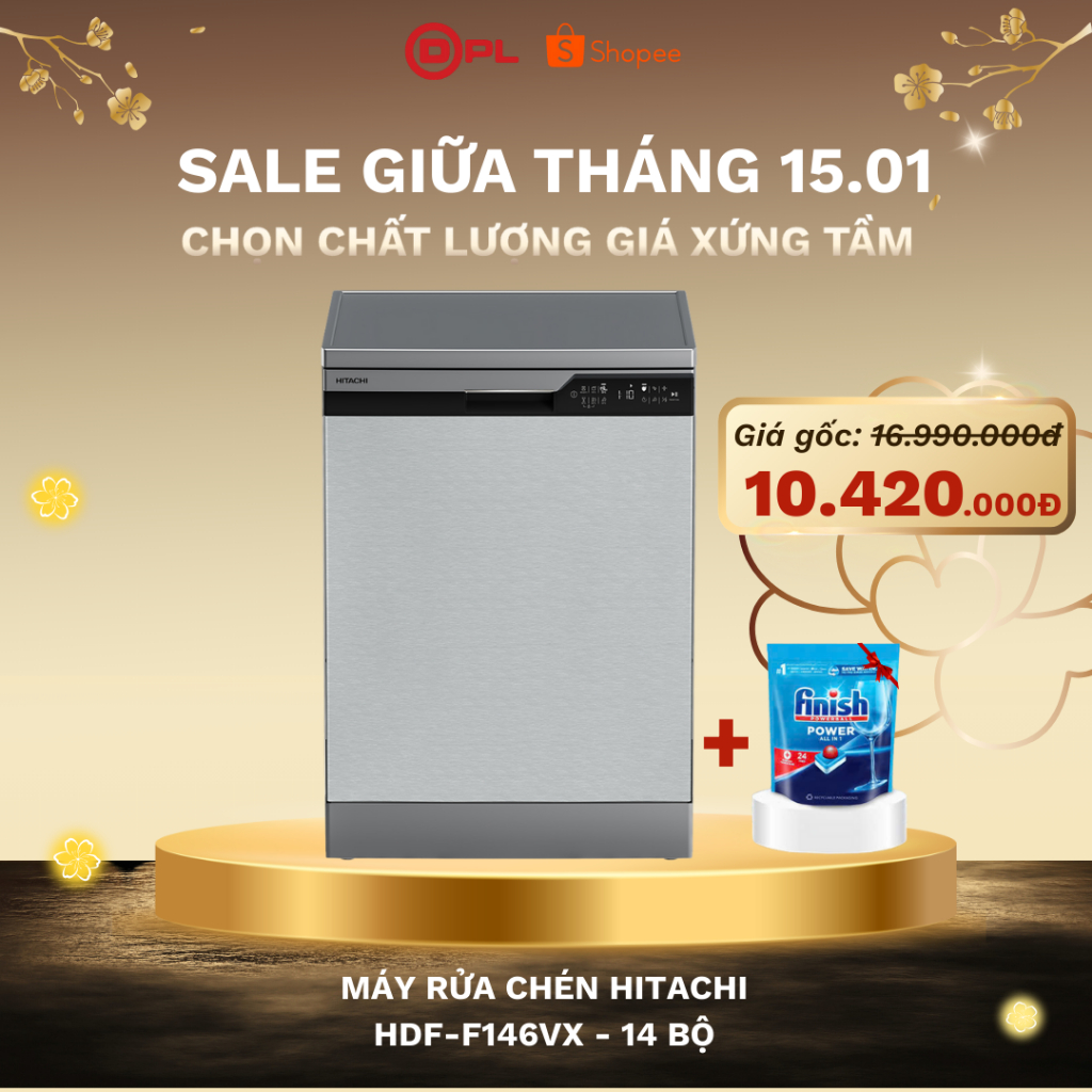 Máy rửa chén độc lập 14 bộ Hitachi HDF-F146VX - Màu thép không gỉ, Tiết kiệm nước & điện