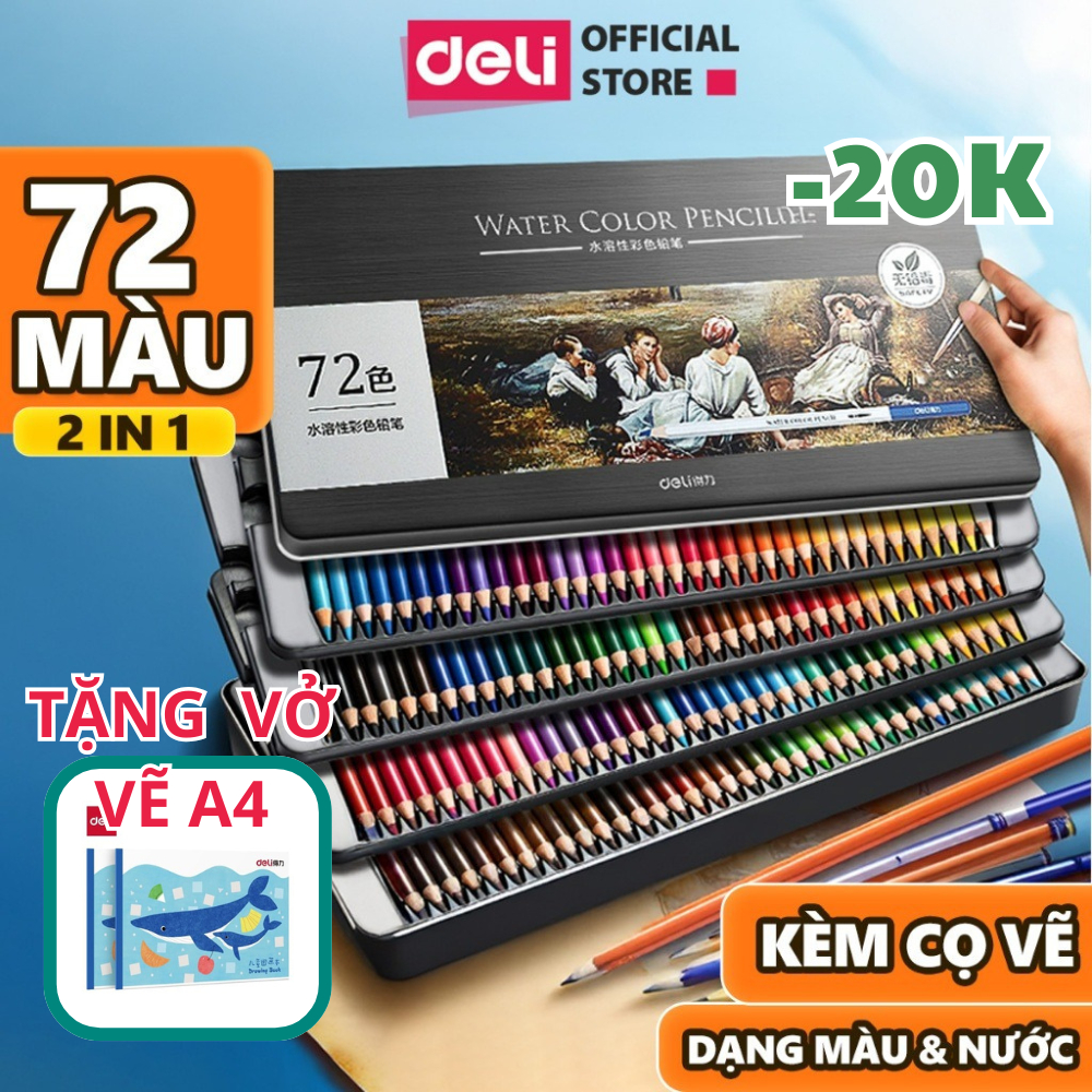 [TẶNG VỞ VẼ] Bút Chì Màu Gốc Nước Cao Cấp Deli 24/36/48/72 Màu Hộp Thiếc - Tô Vẽ Tranh Chuyên Nghiệp