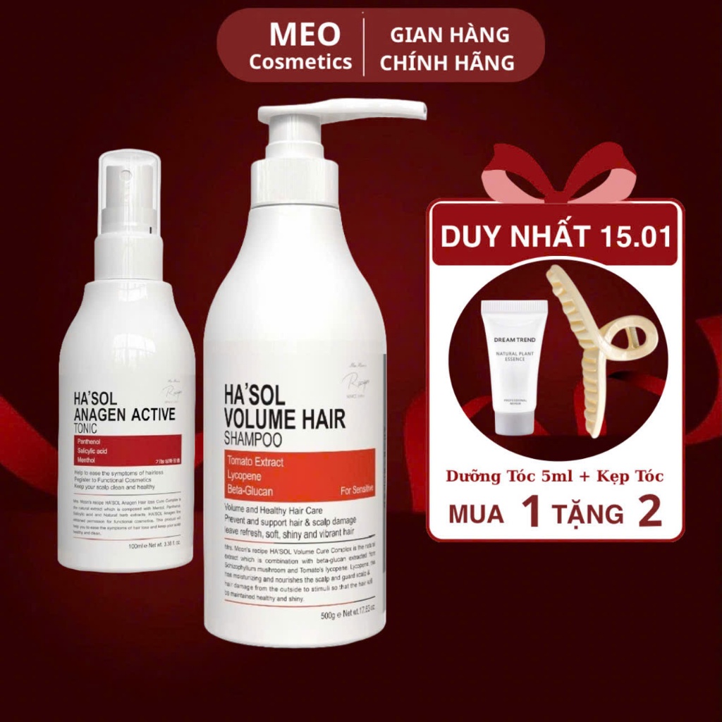 Combo Dầu Gội Phục Hồi Tóc Hư Tổn Volume Hair Hasol 500g + Xịt Dưỡng Kích Mọc Tóc Hasol 100ml