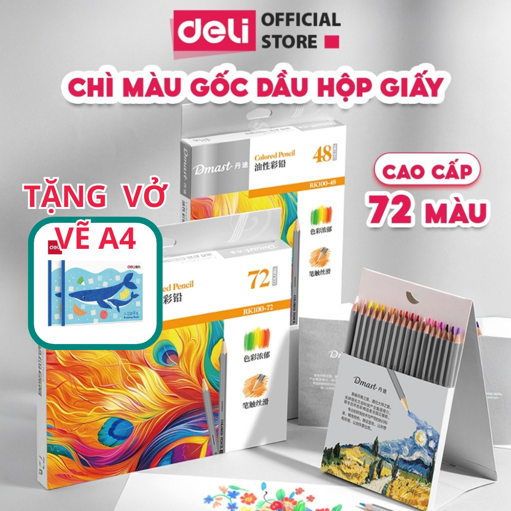 [TẶNG VỞ VẼ] Màu Chì Gốc Dầu Hộp Đứng Cao Cấp Deli Chì Màu Hộp Giấy 36/48/72 Màu Lõi Dày Vẽ Tranh Tô