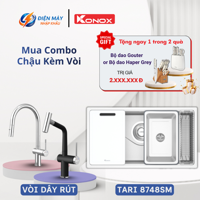 Chậu Rửa Bát Konox Tari 8748SM – Dáng Vuông Tinh Tế – Inox SUS304 – Tích Hợp Phụ Kiện Thông Minh