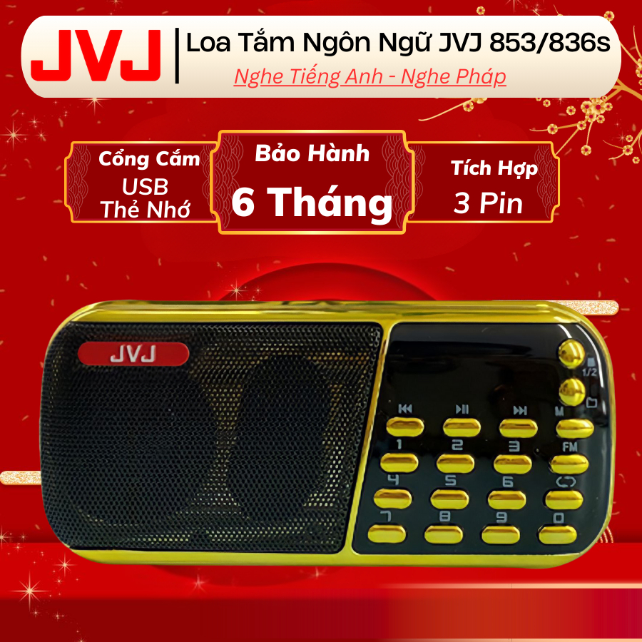 Loa đài JVJ J-853 3 pin siêu khỏe,đài FM,hỗ trợ khe cắm thẻ nhớ, USB, học tiếng anh,nghe pháp