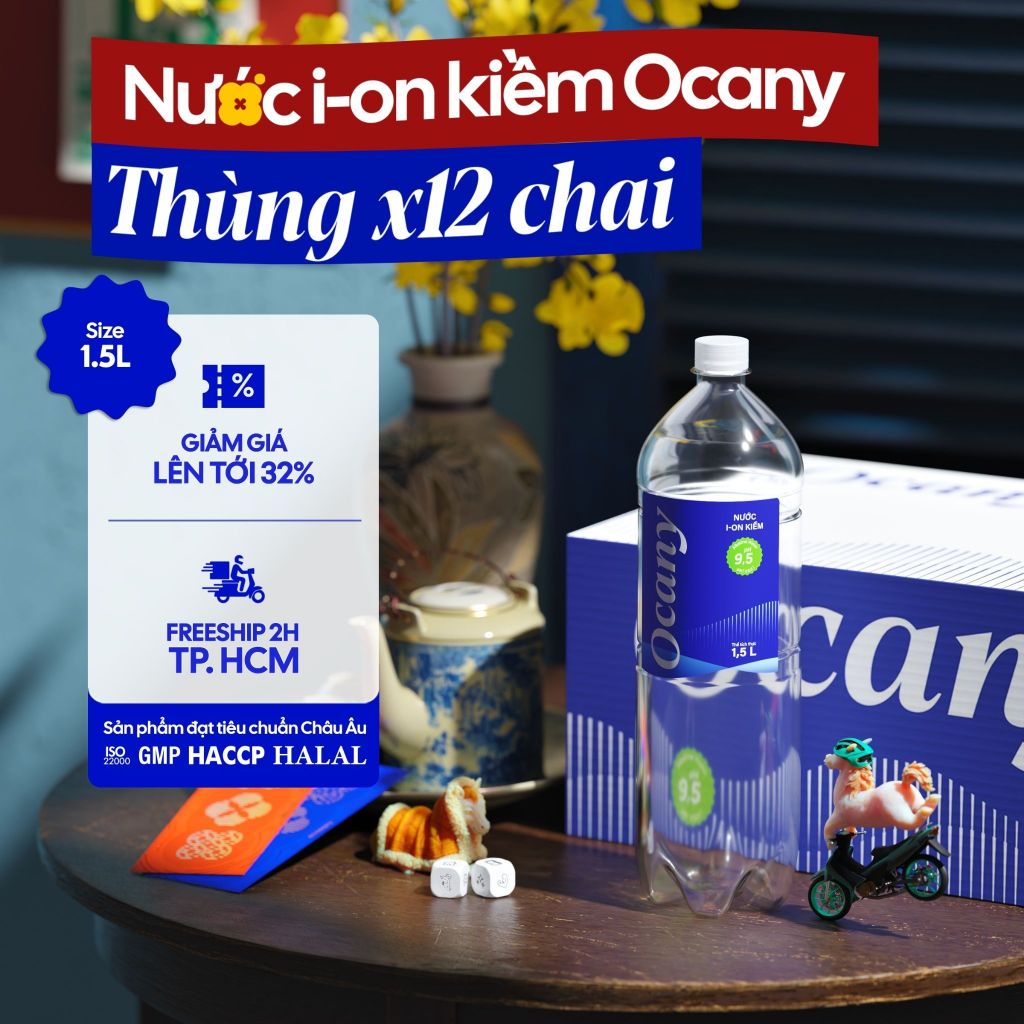 Nước uống Ion Kiềm Ocany 1500ml thùng 12 chai giúp trung hòa axit dư thừa, tốt cho sức khỏe
