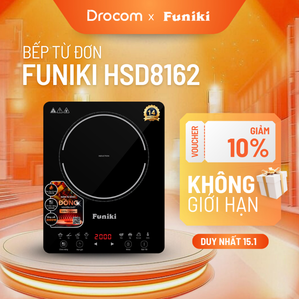 Bếp điện từ đơn Funiki HSD8162 công suất 2000W bep tu don kích thước siêu mỏng có khóa an toàn bảo v