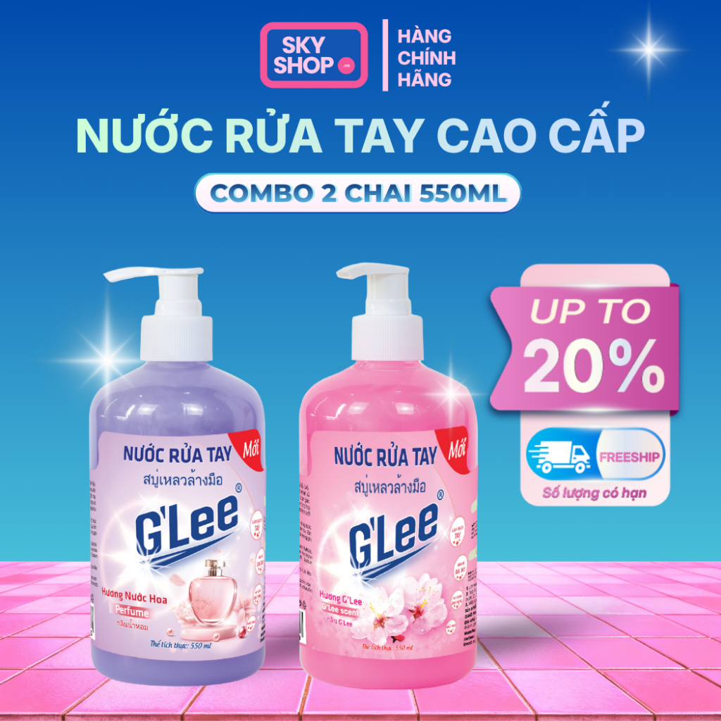 Combo 2 Nước Rửa Tay GLee Cao Cấp, Vòi Pump, Chai Lớn 550ml, Dưỡng Ẩm, Hương GLee + Hương Nước Hoa