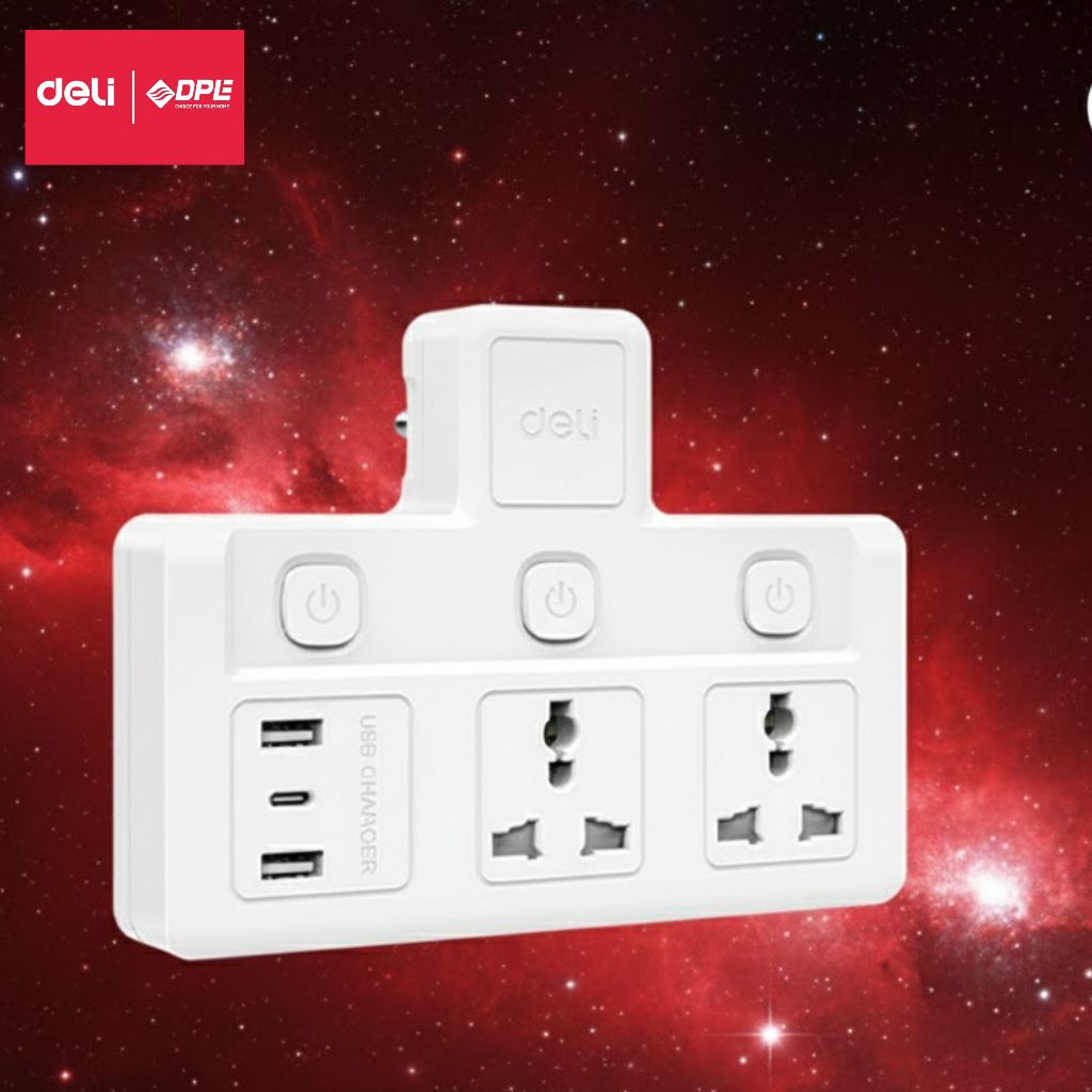 [DPExDELI] T716 Ổ cắm điện Deli không dây chia 2 ổ đa năng, chữ T, 2 USB + 1Type C