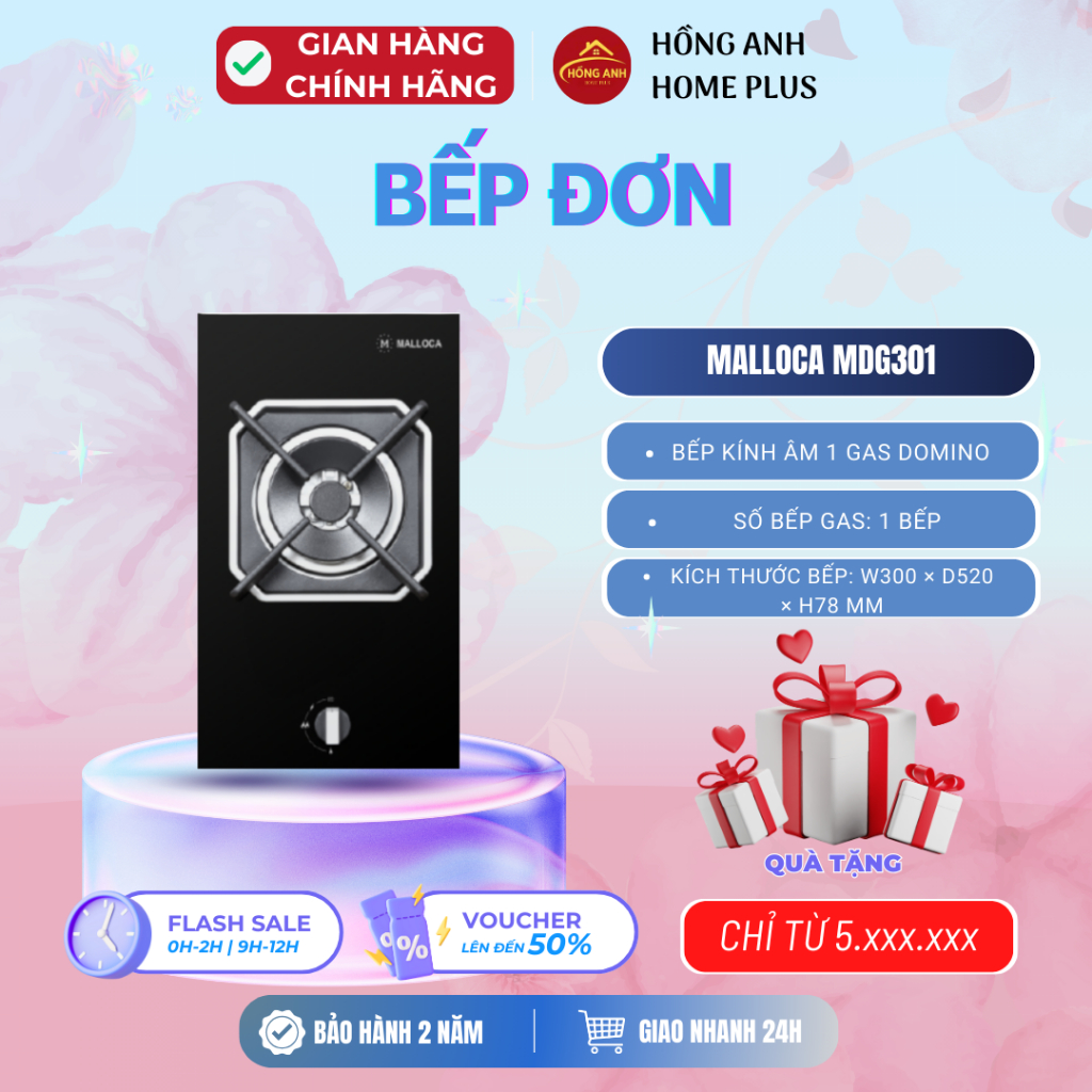 Bếp kính âm Malloca MDG301 thiết kế dạng Domino 1 bếp gas nhỏ gọn, mặt kính cường lực màu đen