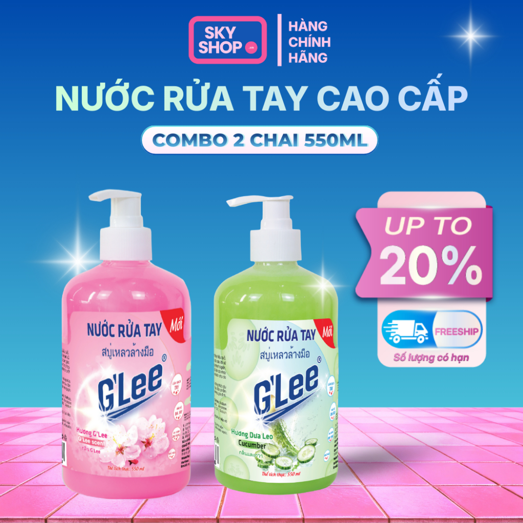 Combo 2 Nước Rửa Tay GLee Cao Cấp, Vòi Pump, Chai Lớn 550ml, Dưỡng Ẩm, Hương Dưa Leo + Hương GLee