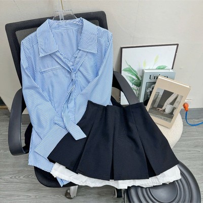 Set Áo Váy Bigsize Nữ Cá Tính Áo Sơ Mi Tay Dài Kèm Cà Vạt May Liền Mix Chân Váy Tennis SM168-CV421