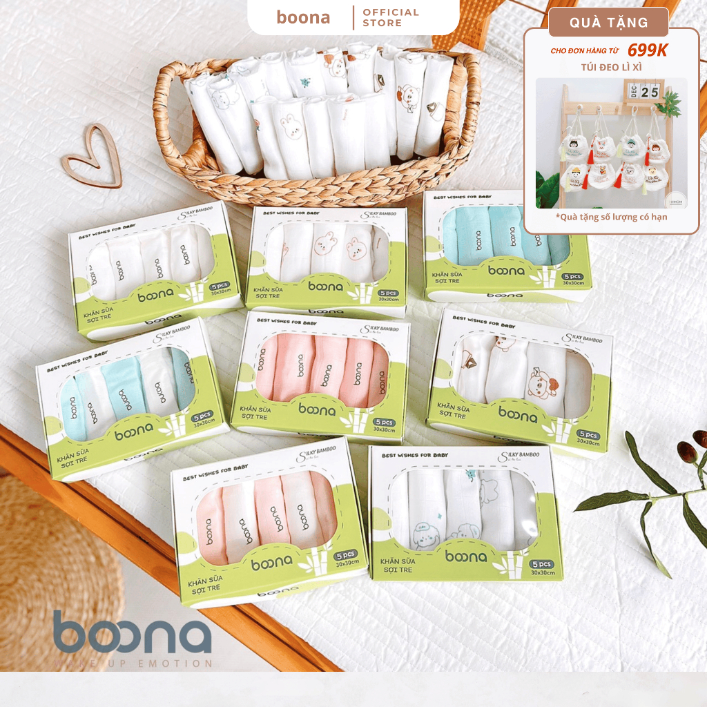 Khăn sữa sợi tre Boona, Koala, Manny 2 lớp và 4 lớp organic mềm mại, thấm hút tốt