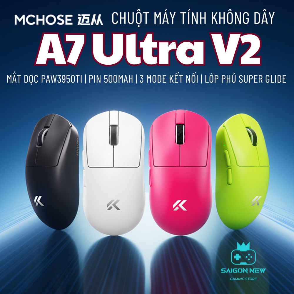 Chuột máy tính không dây Mchose A7 Ultra v2 - Hỗ trợ 3 mode kết nối - Trọng lượng nhẹ - PAW3950