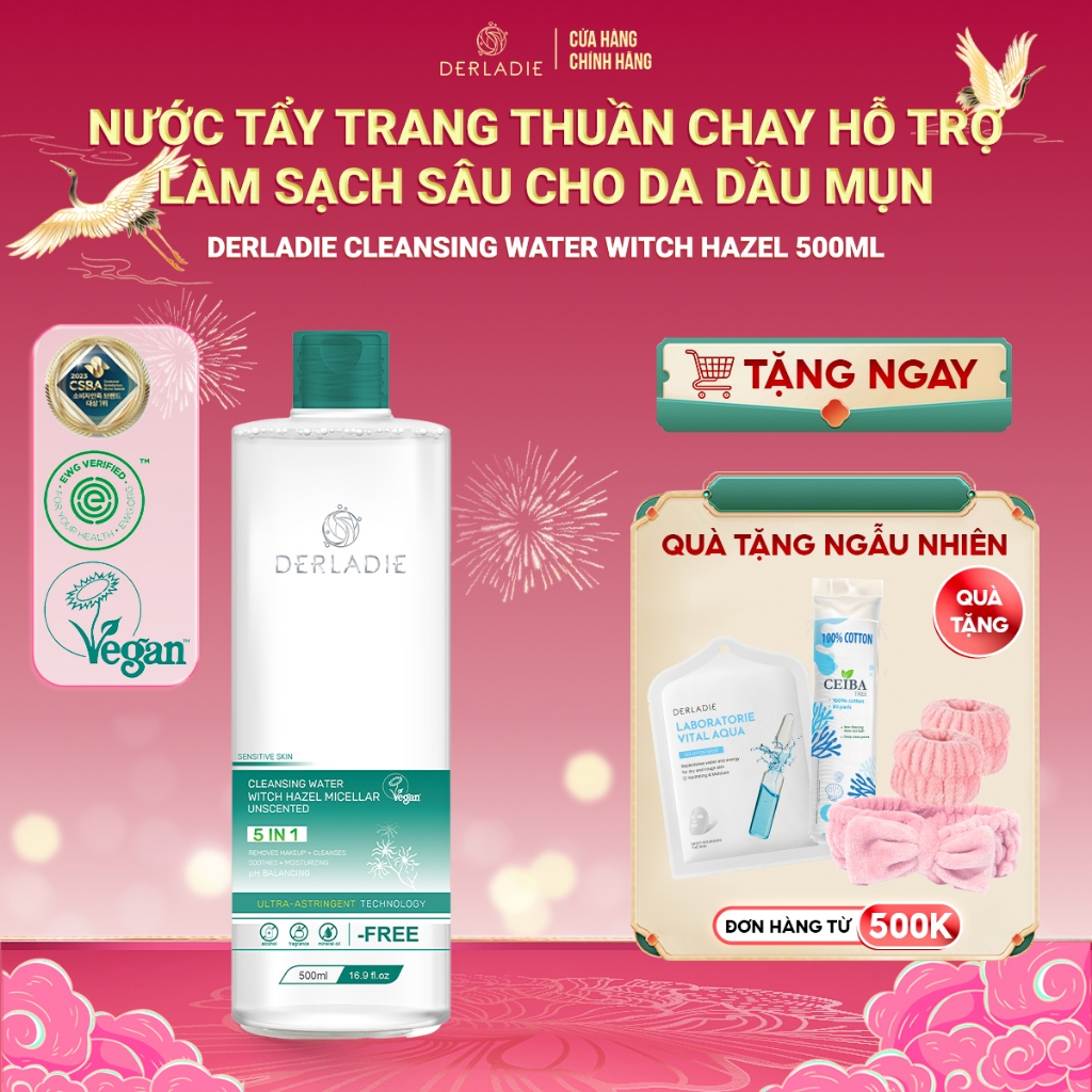 Nước Tẩy Trang Thuần Chay Làm Sạch Sâu Cho Da Dầu Mụn Derladie Cleansing Water Witch Hazel 500ml